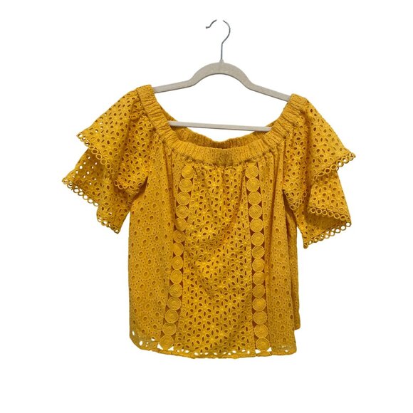 The Nines Eyelet Off The Shoulder Blouse Size Small Layered Sleeve Yellow Hippie - Picture 3 of 8